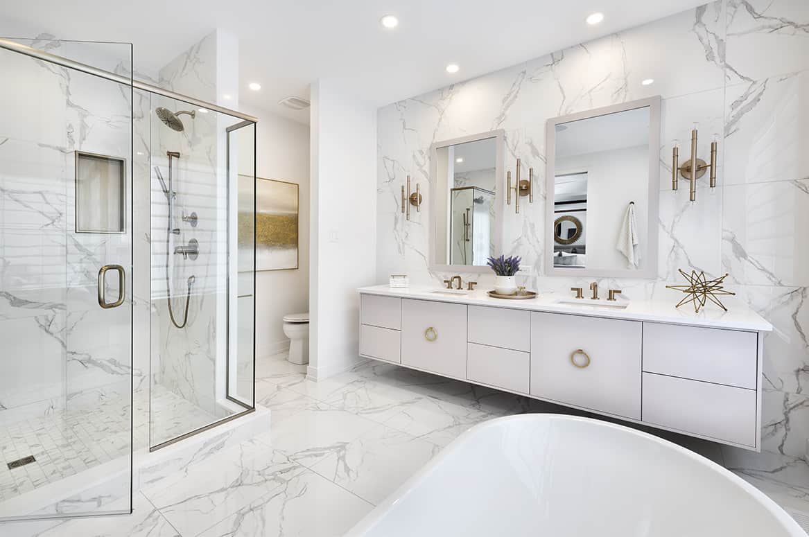 Bathroom Gallery: CHEO Dream Home White Bathroom Marble-Effect Tile